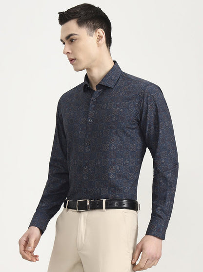 Green & Navy Blue Printed Slim Fit Party Wear Shirt | Wyre