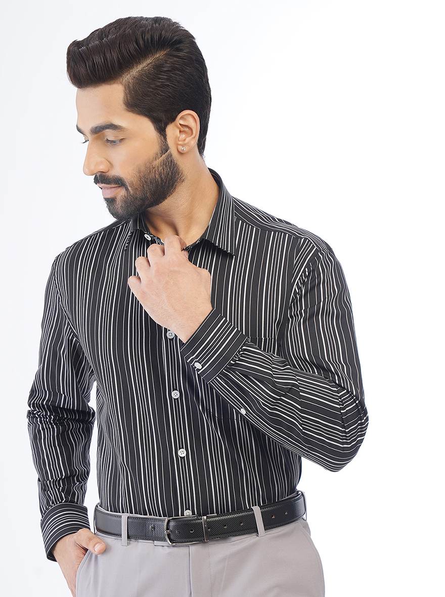 Black Striped Regular Fit Formal Shirt | JadeBlue