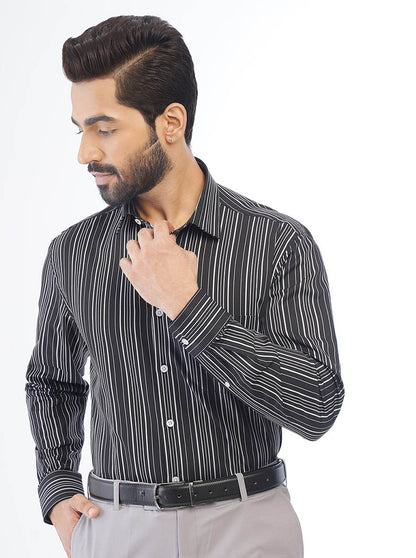 Black Striped Regular Fit Formal Shirt | JadeBlue