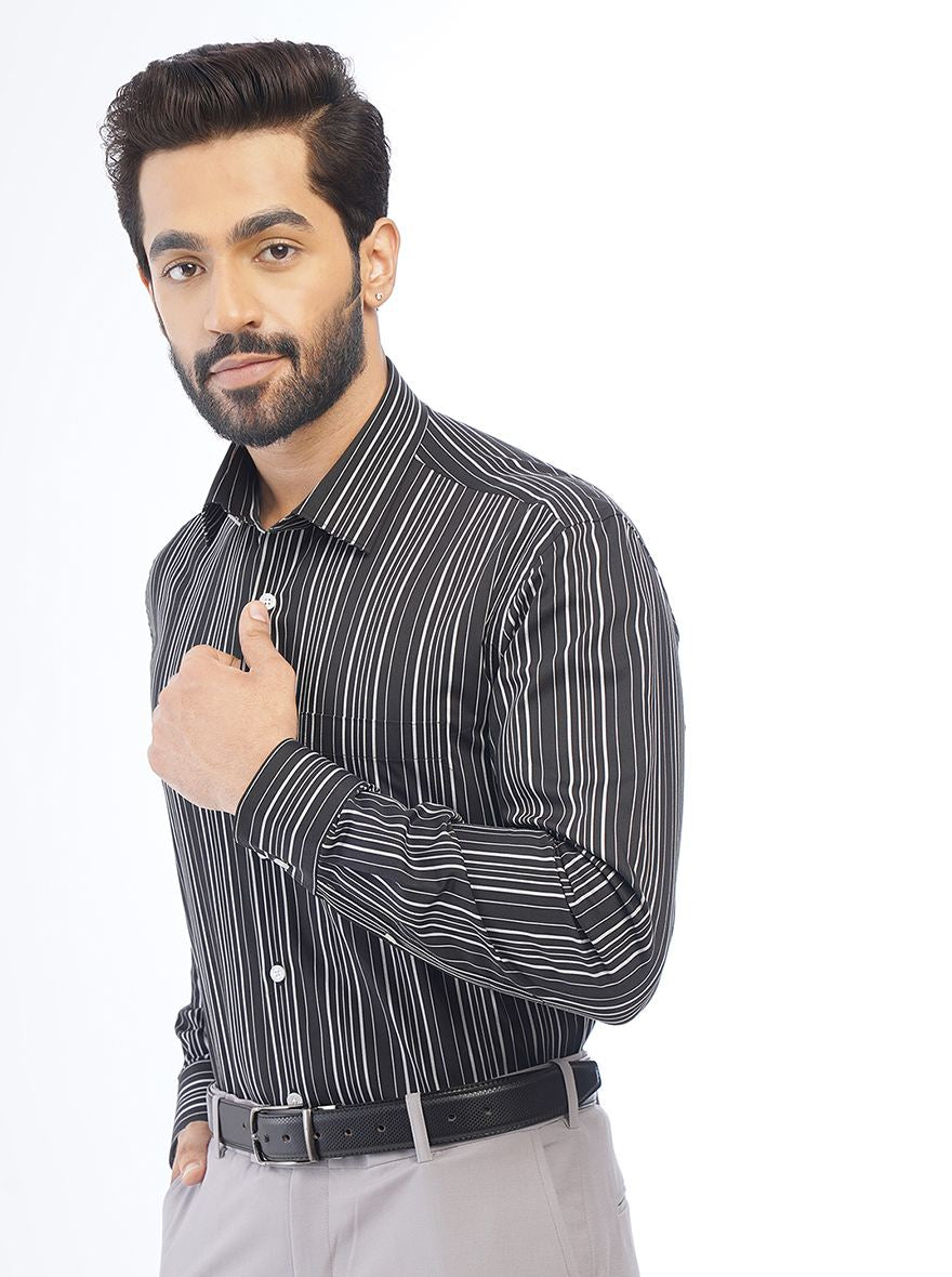 Black Striped Regular Fit Formal Shirt | JadeBlue