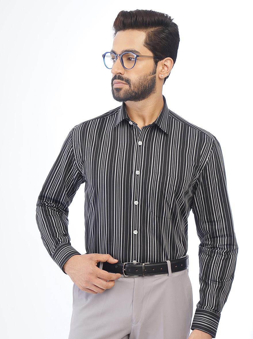 Black Striped Regular Fit Formal Shirt | JadeBlue