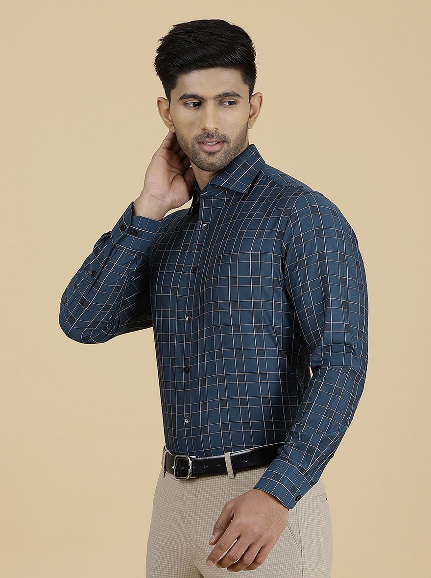 Green Checked Slim Fit Formal Shirt | Metal