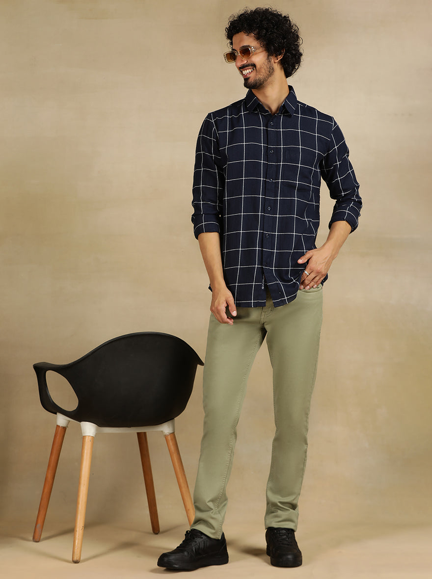 Navy Blue Checked Slim Fit Casual Shirt | JadeBlue