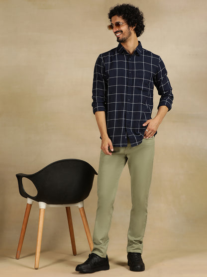 Navy Blue Checked Slim Fit Casual Shirt | JadeBlue