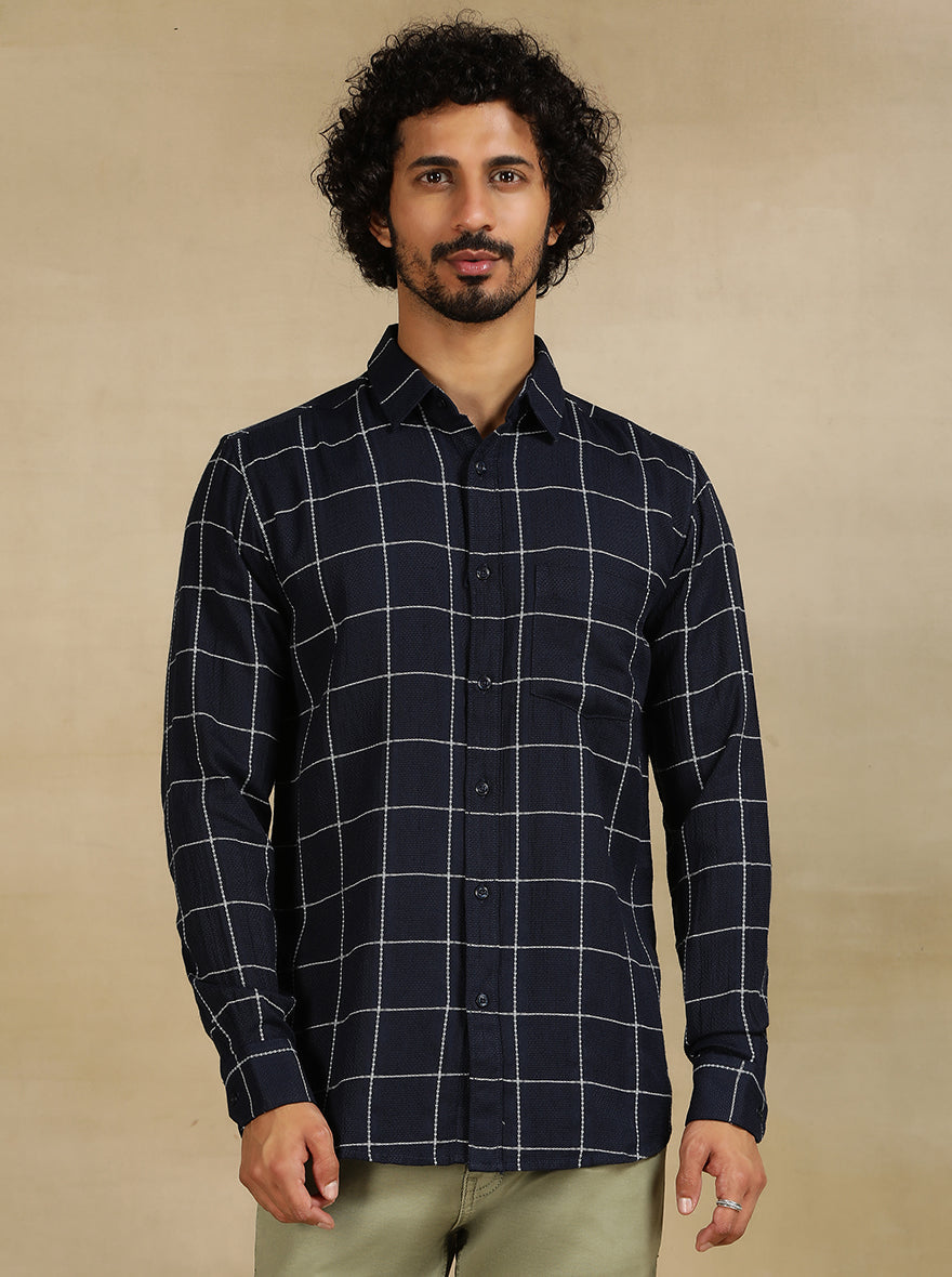 Navy Blue Checked Slim Fit Casual Shirt | JadeBlue