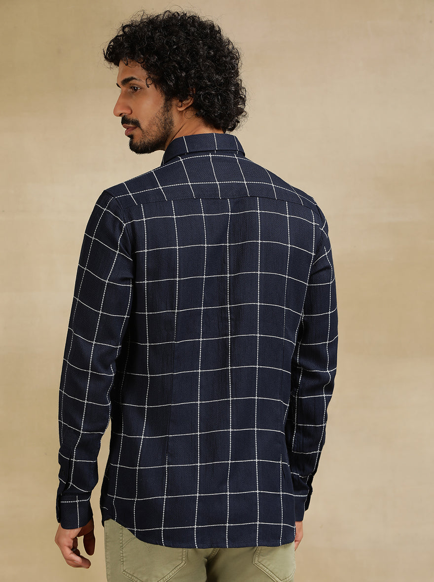 Navy Blue Checked Slim Fit Casual Shirt | JadeBlue