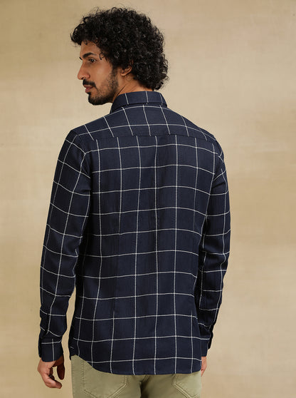Navy Blue Checked Slim Fit Casual Shirt | JadeBlue