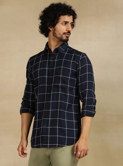 Navy Blue Checked Slim Fit Casual Shirt | JadeBlue