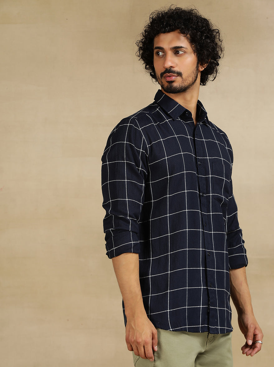 Navy Blue Checked Slim Fit Casual Shirt | JadeBlue