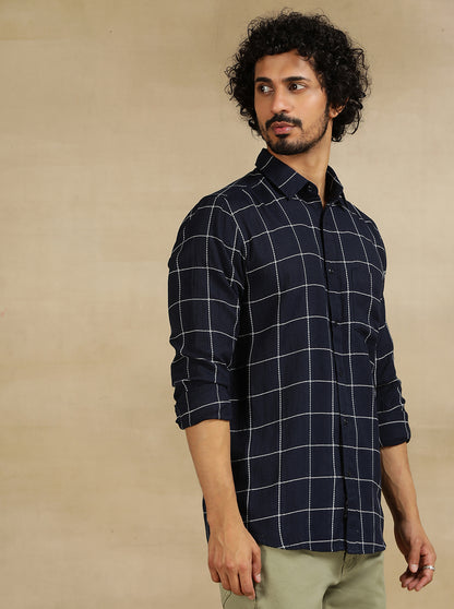 Navy Blue Checked Slim Fit Casual Shirt | JadeBlue