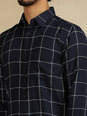 Navy Blue Checked Slim Fit Casual Shirt | JadeBlue