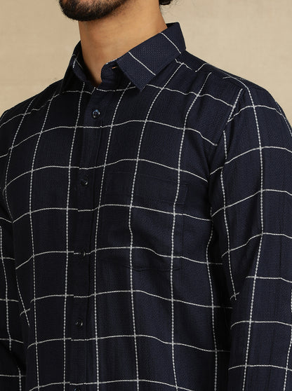 Navy Blue Checked Slim Fit Casual Shirt | JadeBlue