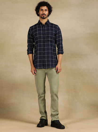 Navy Blue Checked Slim Fit Casual Shirt | JadeBlue