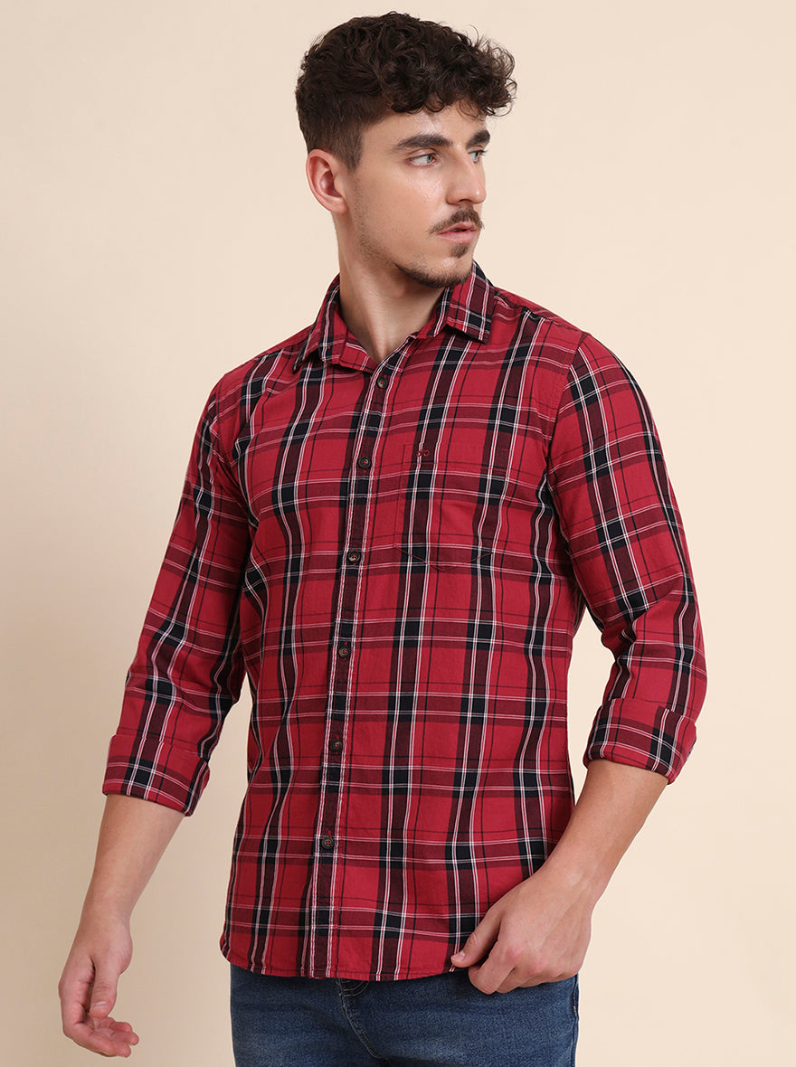 Red Checked Slim Fit Casual Shirt | JadeBlue