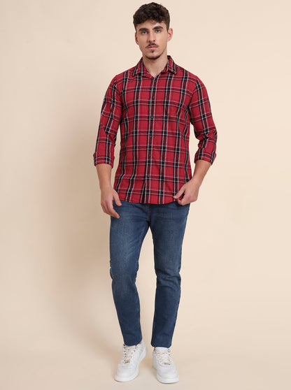Red Checked Slim Fit Casual Shirt | JadeBlue