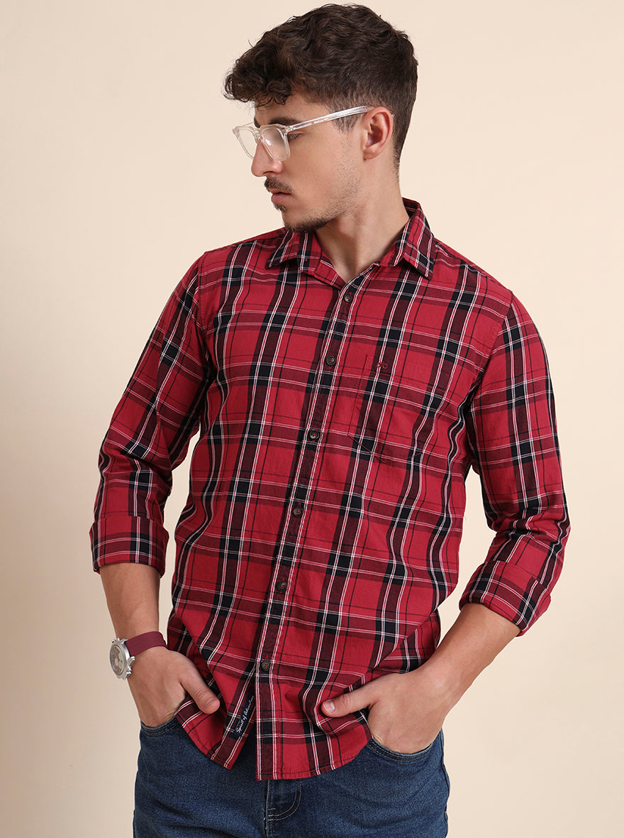 Red Checked Slim Fit Casual Shirt | JadeBlue