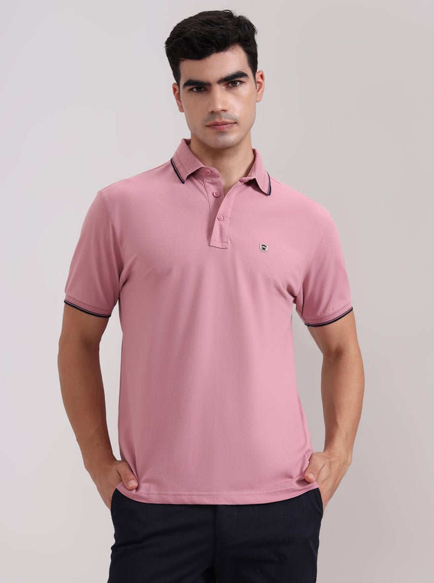 Mauve Pink Solid Slim Fit Polo T-Shirt | JadeBlue