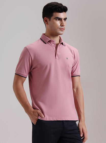 Mauve Pink Solid Slim Fit Polo T-Shirt | JadeBlue
