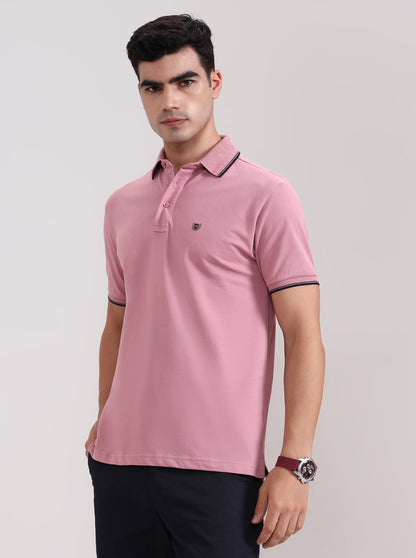 Mauve Pink Solid Slim Fit Polo T-Shirt | JadeBlue
