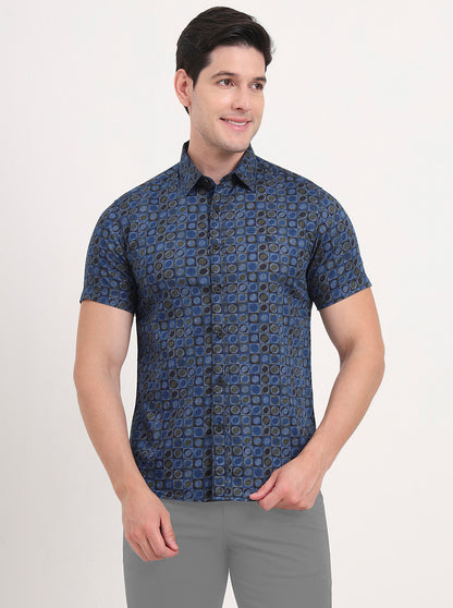 Blue Printed Slim Fit Casual Shirt | Greenfibre