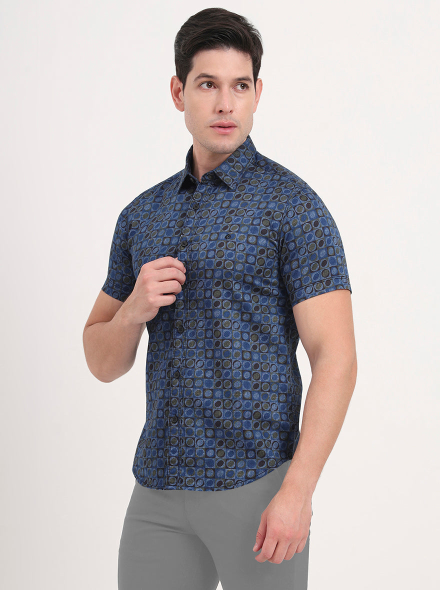 Blue Printed Slim Fit Casual Shirt | Greenfibre