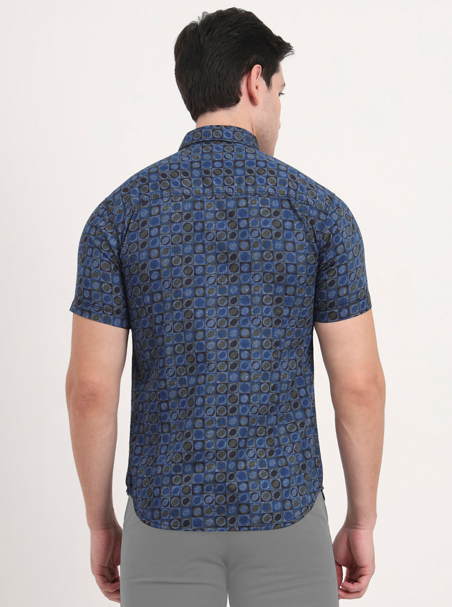 Blue Printed Slim Fit Casual Shirt | Greenfibre