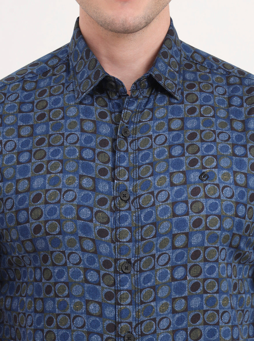 Blue Printed Slim Fit Casual Shirt | Greenfibre