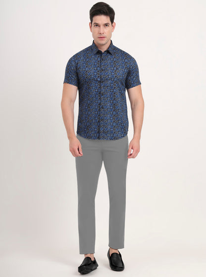 Blue Printed Slim Fit Casual Shirt | Greenfibre