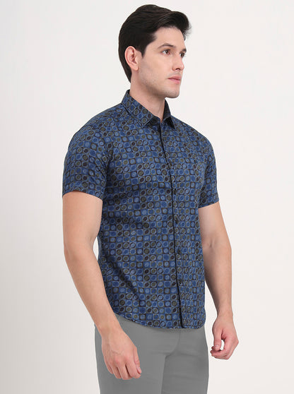 Blue Printed Slim Fit Casual Shirt | Greenfibre