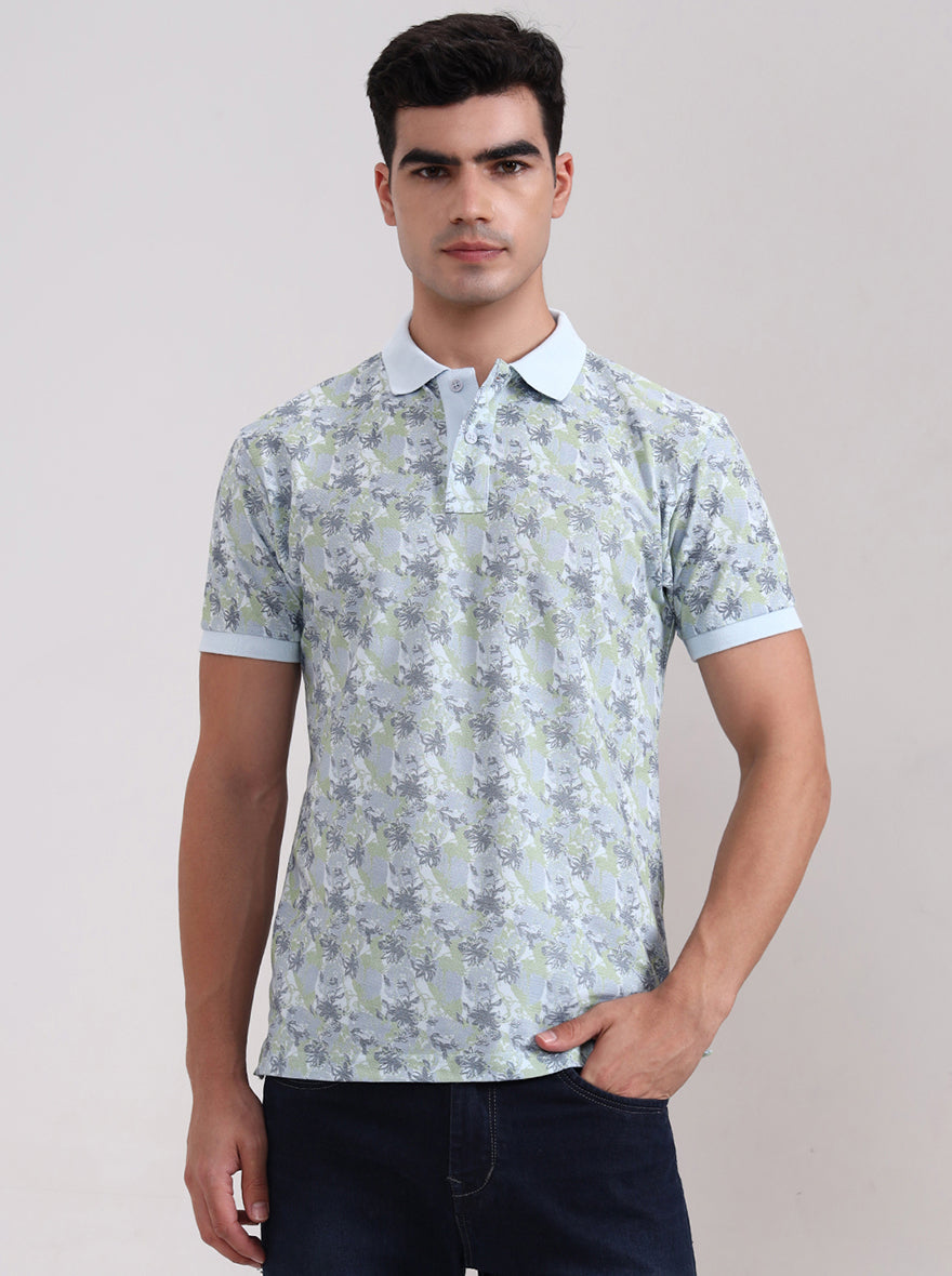 Light Blue Printed Slim Fit Polo T-Shirt | Greenfibre