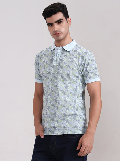Light Blue Printed Slim Fit Polo T-Shirt | Greenfibre