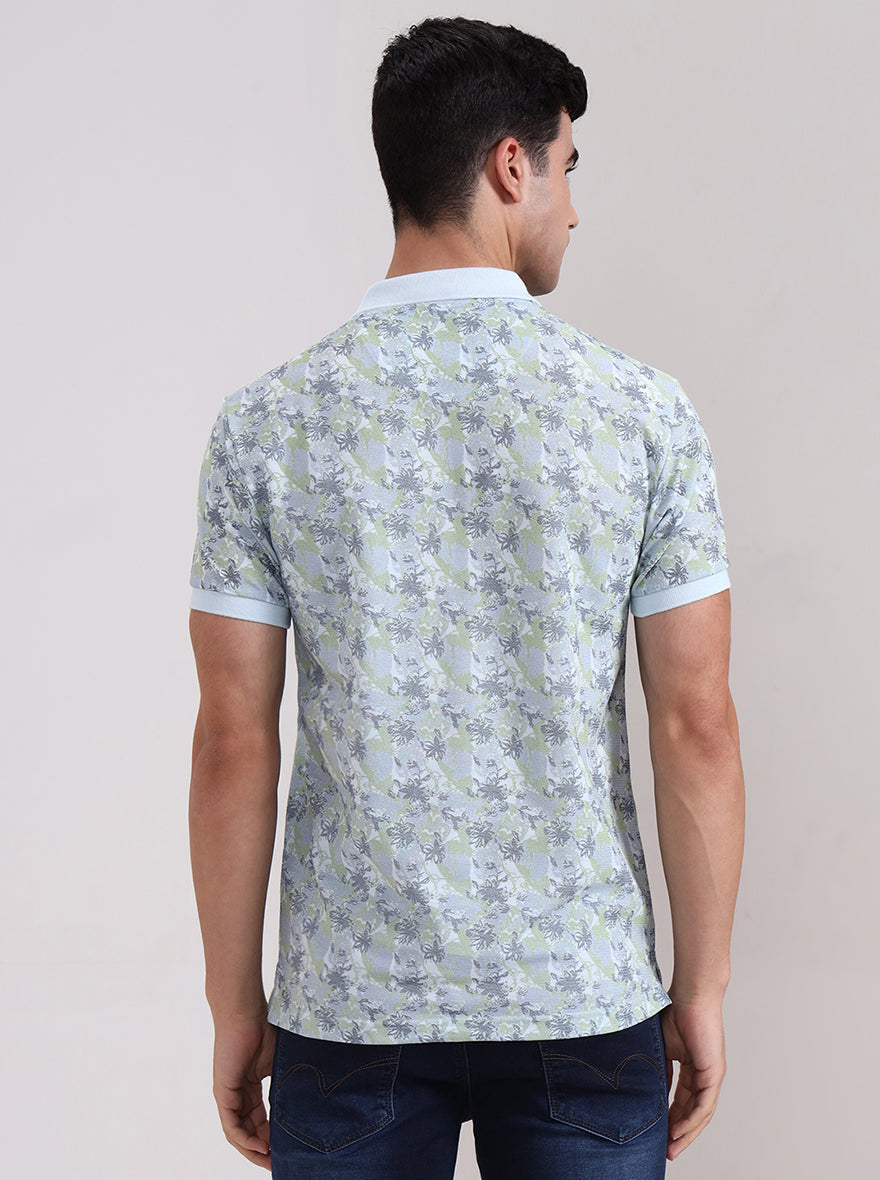 Light Blue Printed Slim Fit Polo T-Shirt | Greenfibre