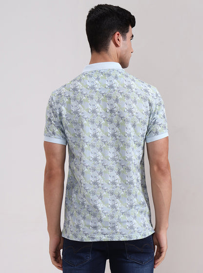 Light Blue Printed Slim Fit Polo T-Shirt | Greenfibre