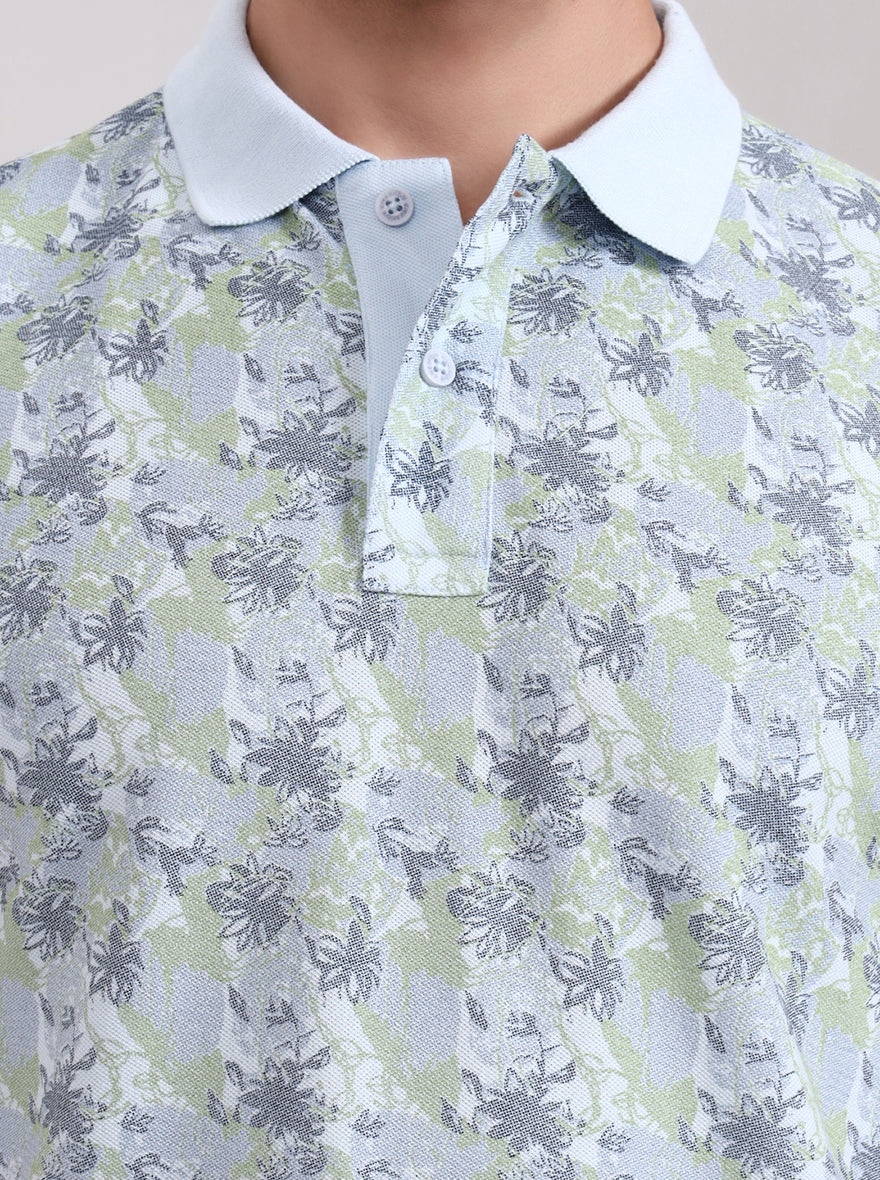 Light Blue Printed Slim Fit Polo T-Shirt | Greenfibre