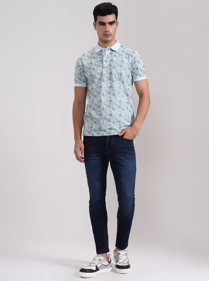 Light Blue Printed Slim Fit Polo T-Shirt | Greenfibre