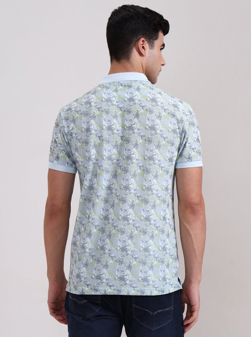 Light Blue Printed Slim Fit Polo T-Shirt | Greenfibre