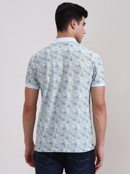 Light Blue Printed Slim Fit Polo T-Shirt | Greenfibre