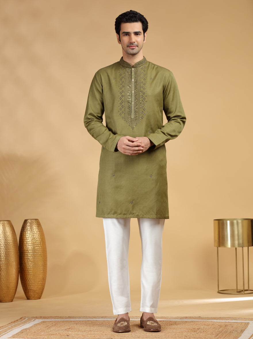 Olive Green Embroidered Kurta Pajama | TULA