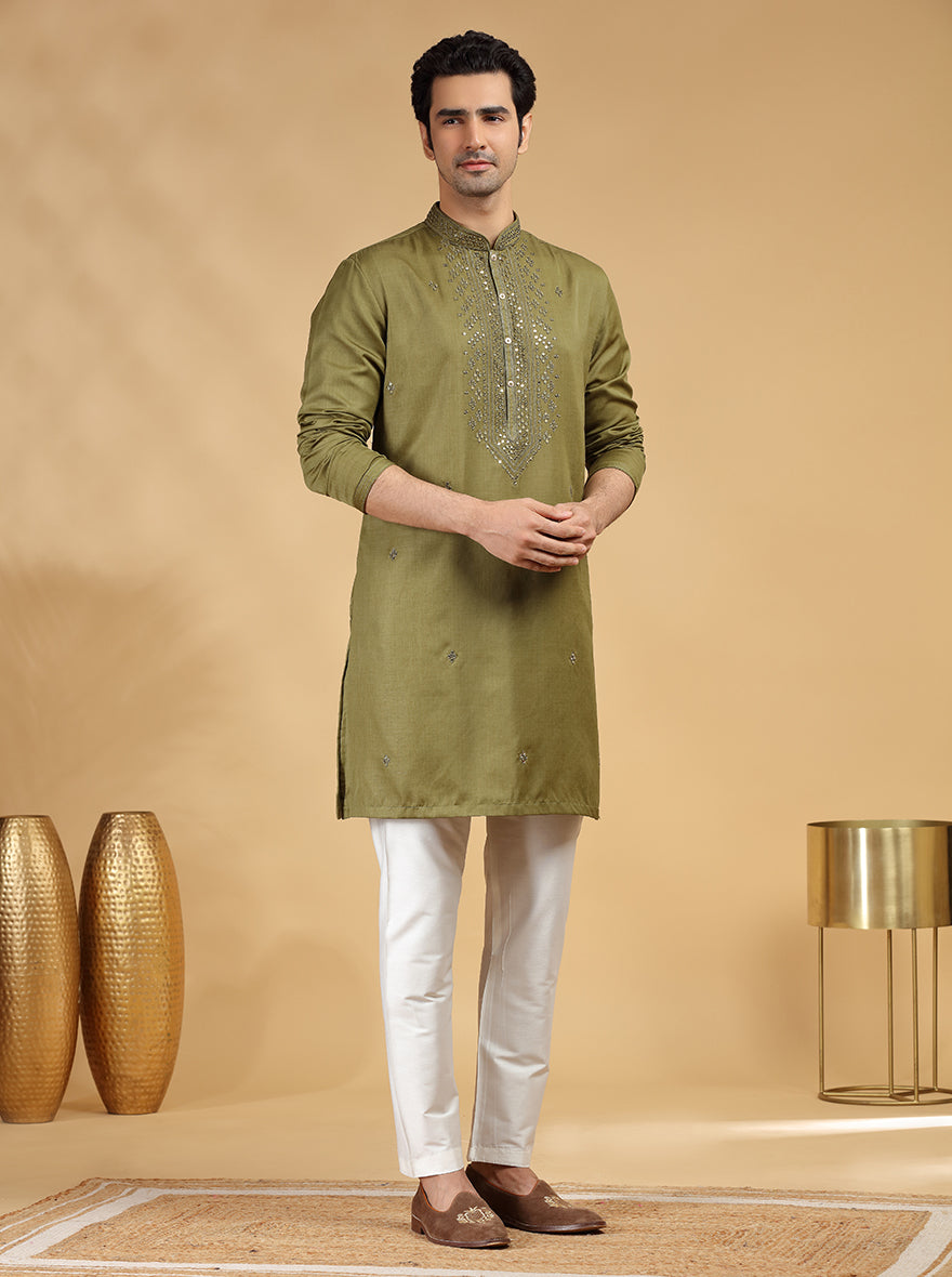 Olive Green Embroidered Kurta Pajama | TULA