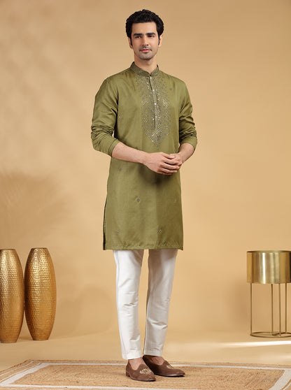 Olive Green Embroidered Kurta Pajama | TULA