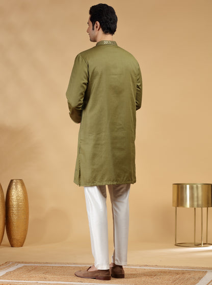 Olive Green Embroidered Kurta Pajama | TULA
