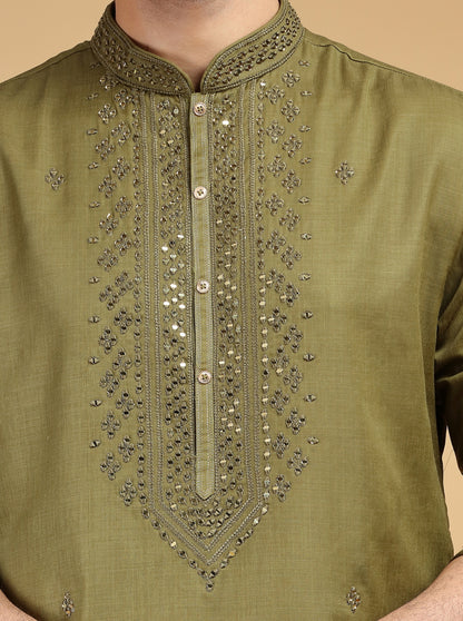 Olive Green Embroidered Kurta Pajama | TULA