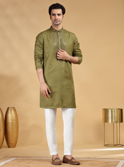 Olive Green Embroidered Kurta Pajama | TULA