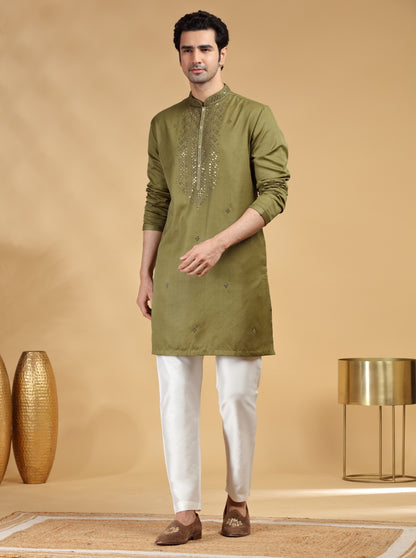 Olive Green Embroidered Kurta Pajama | TULA