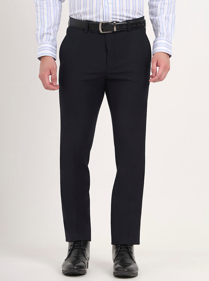 Navy Blue Solid Slim Fit Formal Trouser | Metal