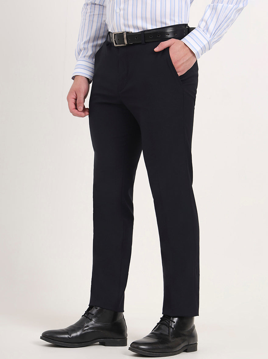 Navy Blue Solid Slim Fit Formal Trouser | Metal