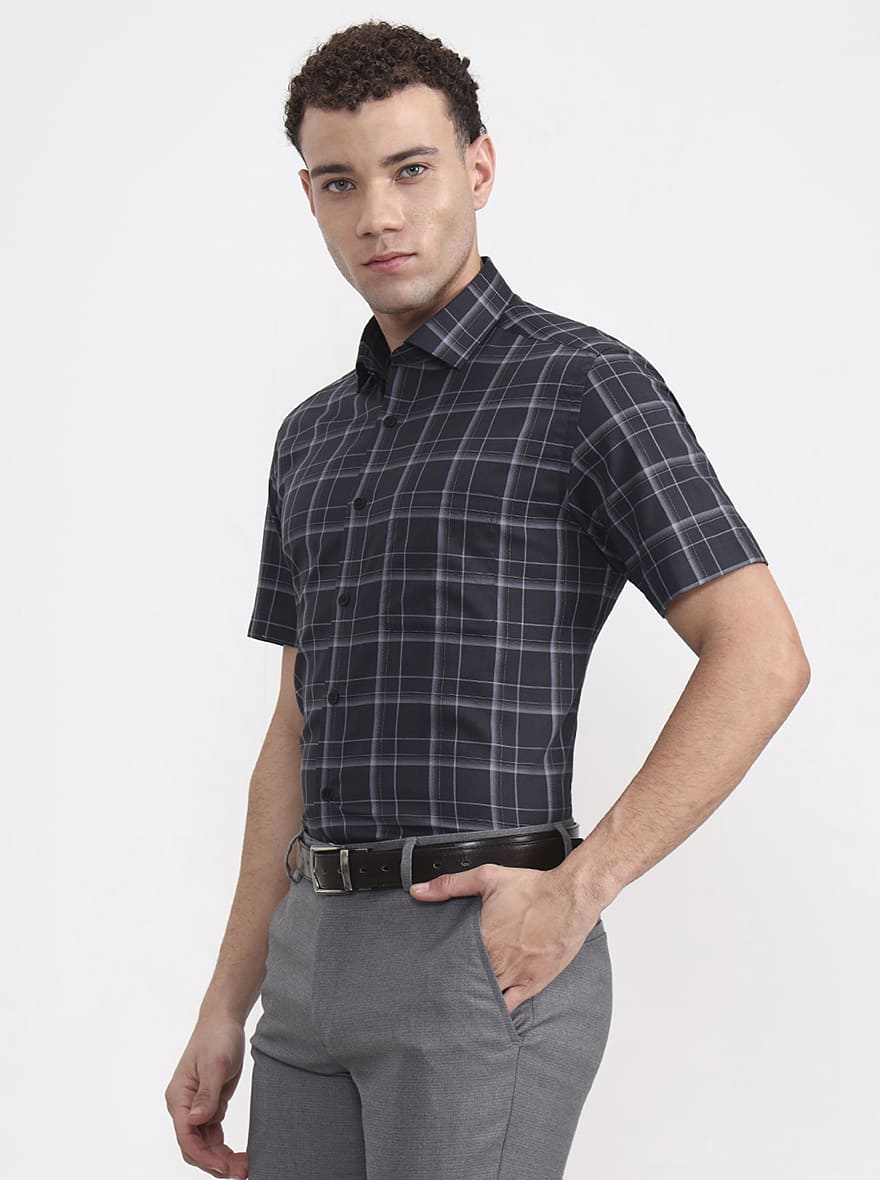 Grey Checked Regular Fit Formal Shirt | JadeBlue