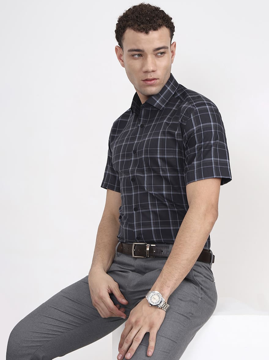 Grey Checked Regular Fit Formal Shirt | JadeBlue