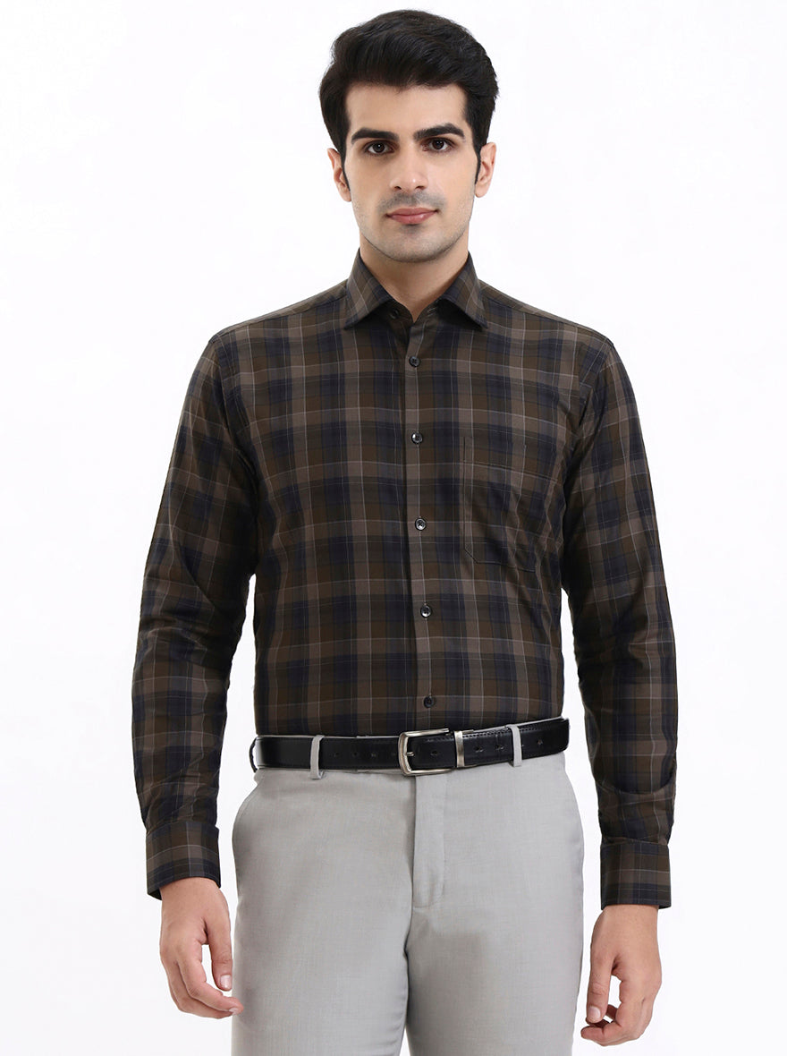 Olive Blue Checked Slim Fit Formal Shirt | Metal