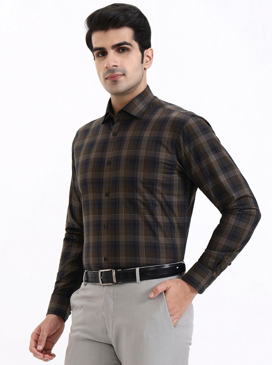 Olive Blue Checked Slim Fit Formal Shirt | Metal